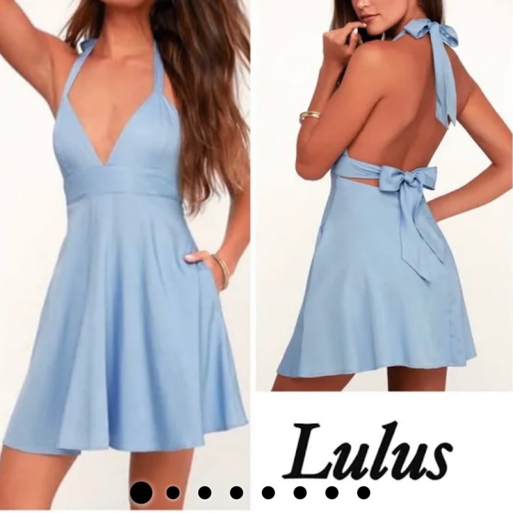 Lulu's Dresses | Lulus Blue Halter Dress Low Back Skater Skirt, Size Large